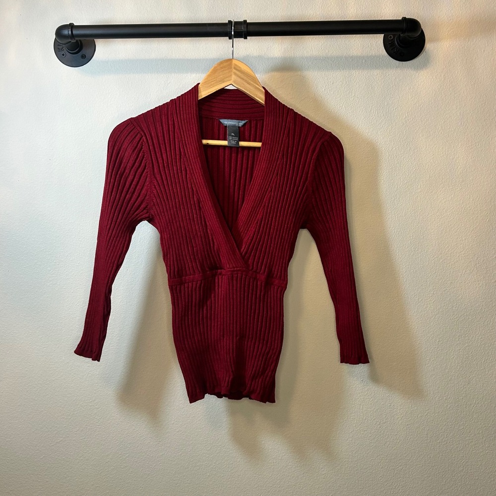 Hillard & Hanson Petite Ribbed Wrap V-Neck Top Burgundy Red 3/4 Sleeve PL 0554
